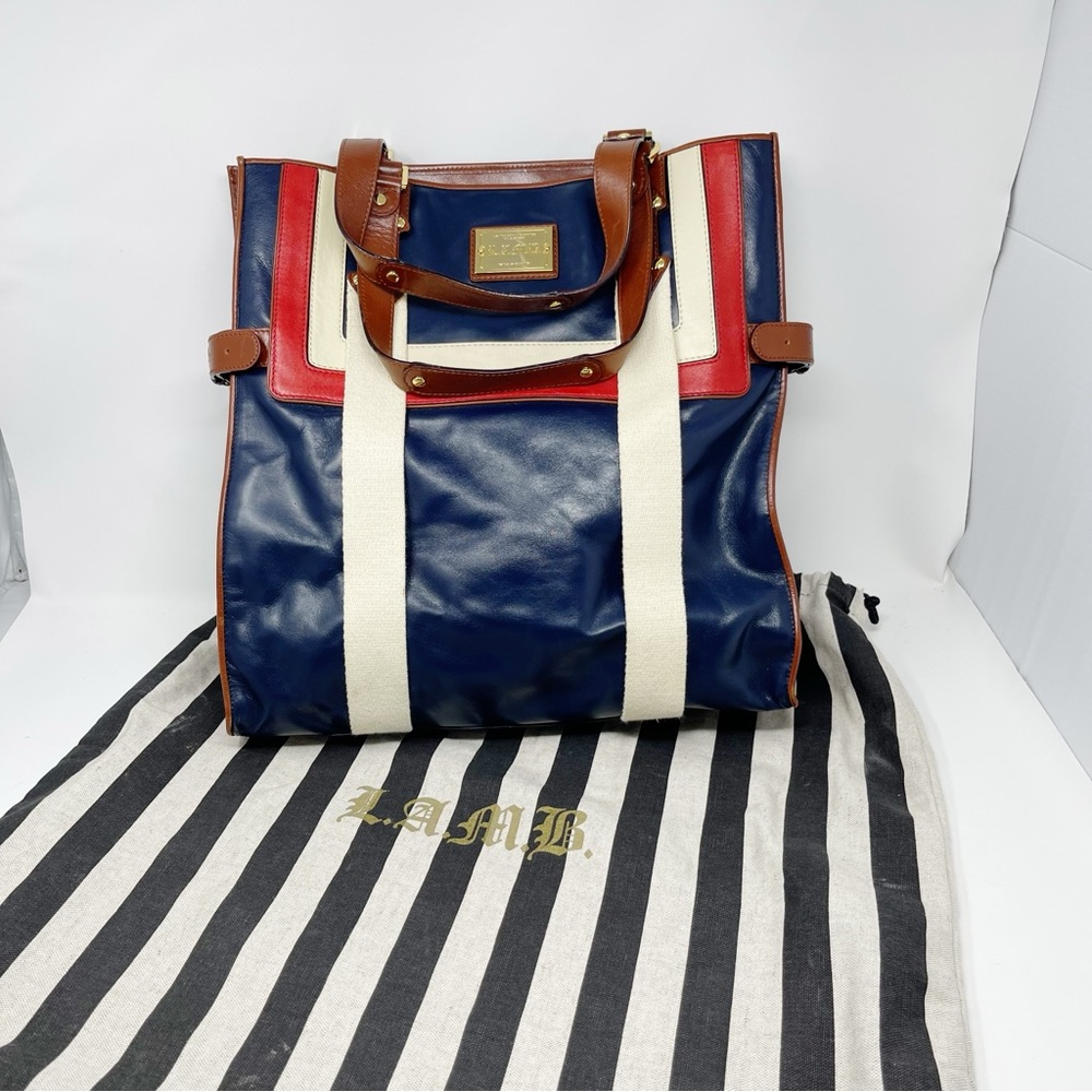 L.A.M.B. Large Blue, Red, & White Bowler Leather Tote 14” H x 14.5” W x 5” D